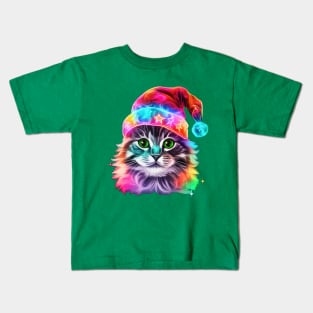 Bright Colorful Christmas Cat in a Santa Hat - Meowy Catmas Kids T-Shirt